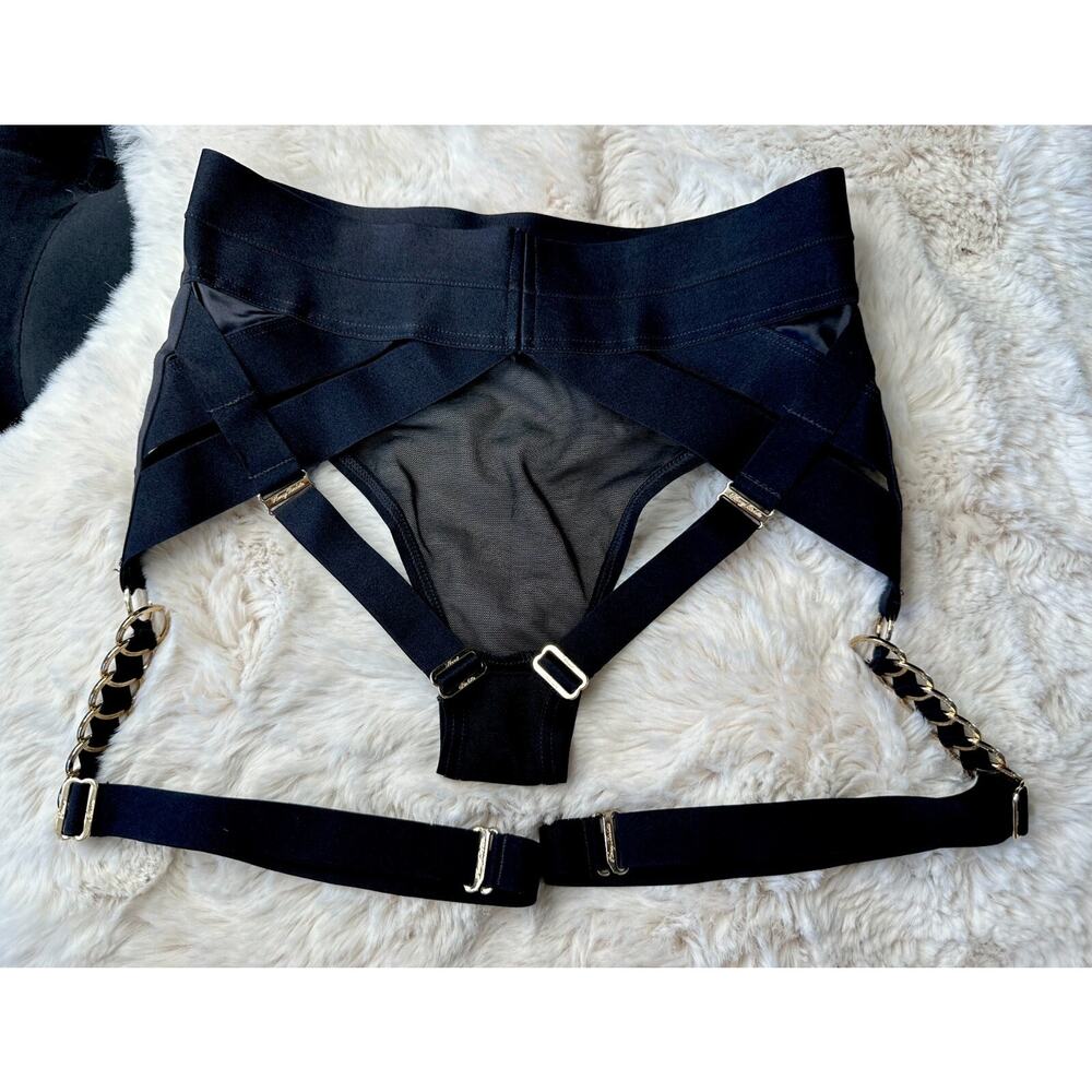 Honey Birdette RILEY🖤 Black & Gold Ring Backless Cheeky Suspender Brief XS - Picture 5 of 6